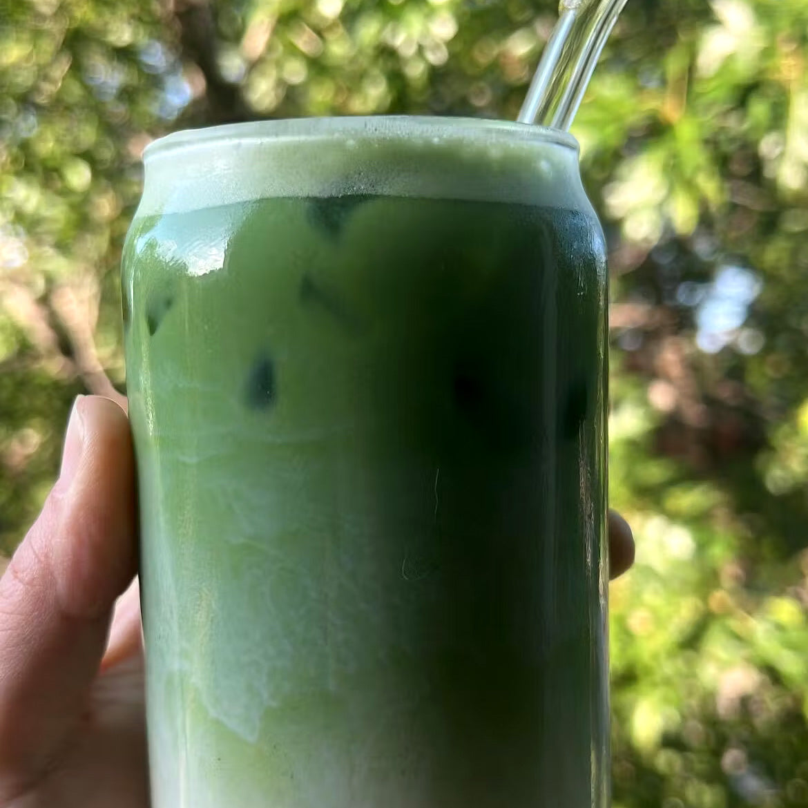 Šalta matcha latte stiklinėje su šiaudeliu, gamtos fone